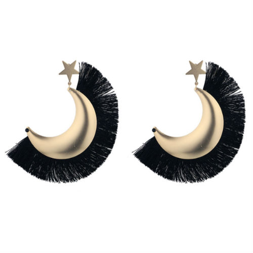 P133005 Gold Star Moon Shape Black Tassel Earstuds Malaysia